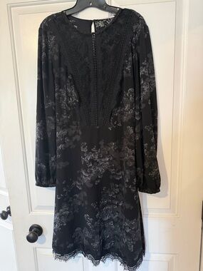Tahari Black Floral Lace-Trim Long Sleeve Dress